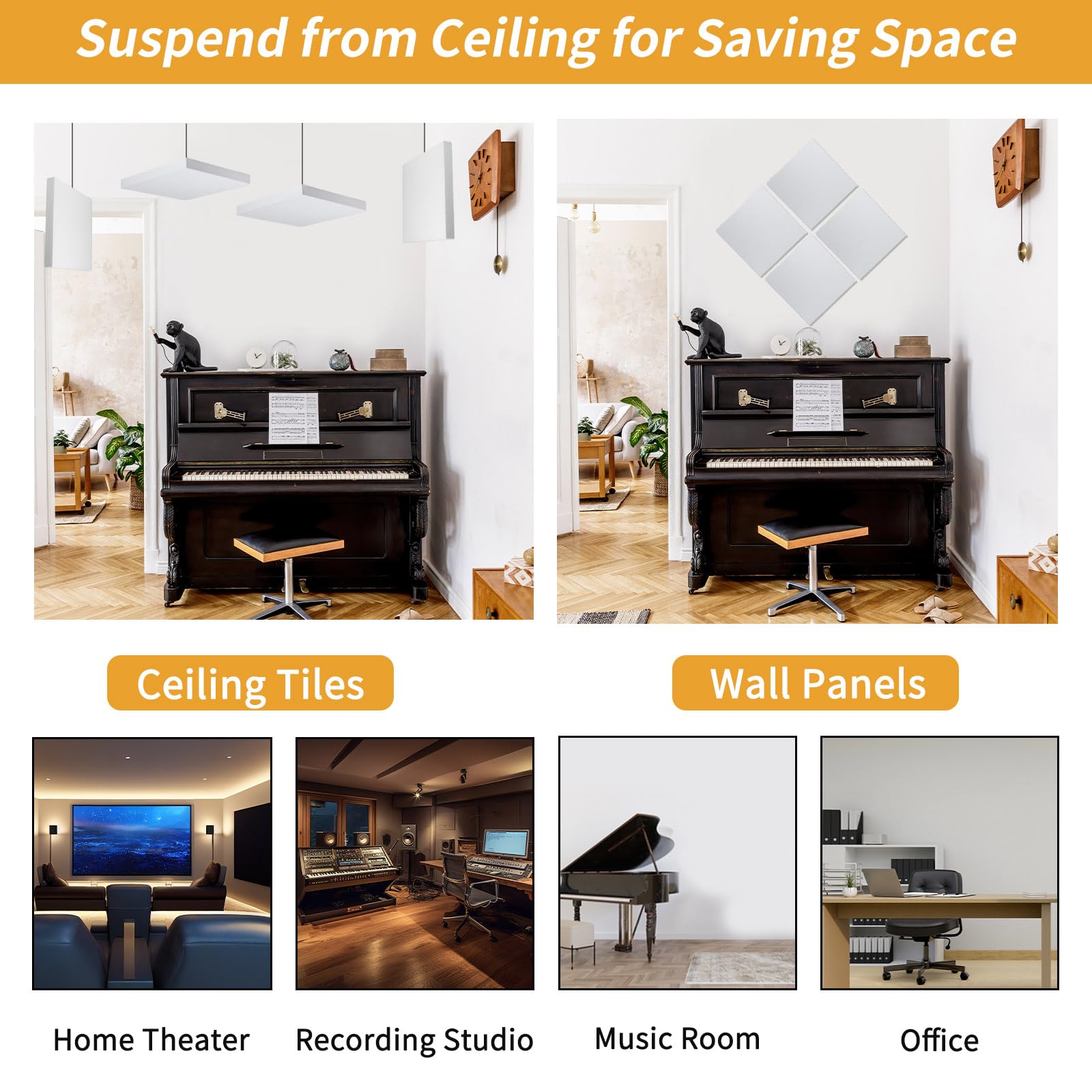 TroyStudio Acoustic Ceiling Panels - 12 X 12 X 1.2 Inches 4 Pcs Coated Fiberglass Hanging Drop Ceiling Tiles, Thick Sound Absorb